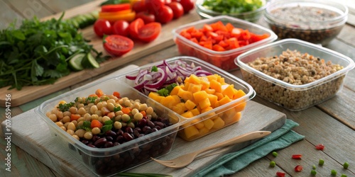 Fresh Pre-Cut Vegetables, Grains, and Legumes in Clear Containers for Healthy Meal Prep