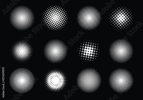 This image showcases a collection of twelve spheres displaying various. Vector illustration