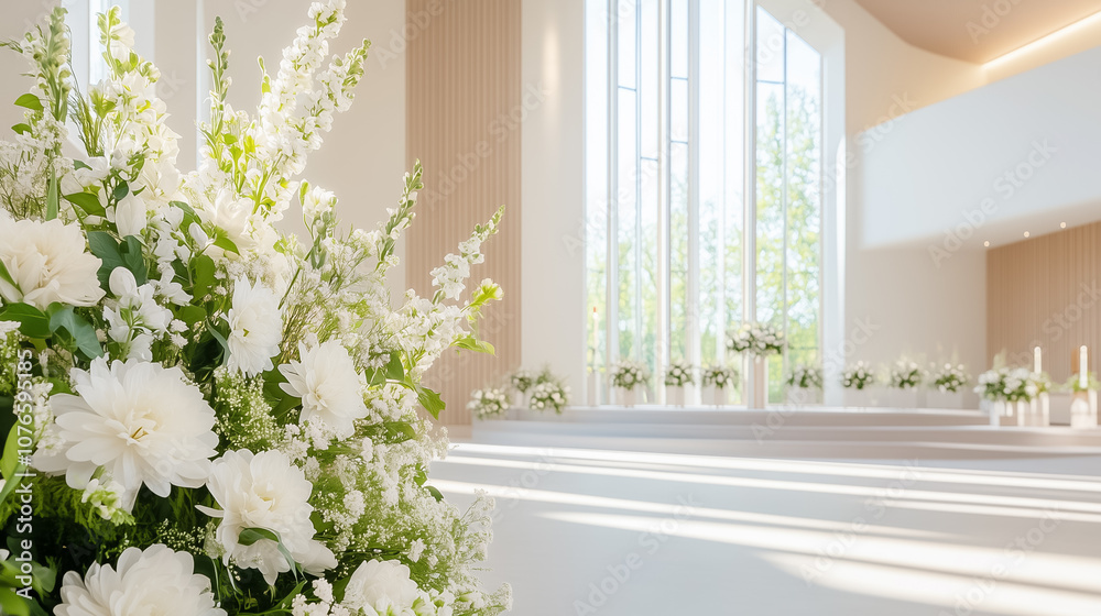 Beautiful white flowers create a romantic atmosphere in a modern wedding venue bathed in natural light Beautiful white flowers create a romantic atmosphere in a modern wedding venue bathed in natural light