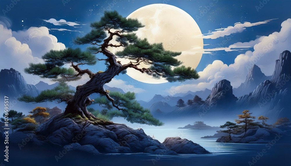 Oriental painting of pine trees and a full moon on a quiet night Oriental painting of pine trees and a full moon on a quiet night