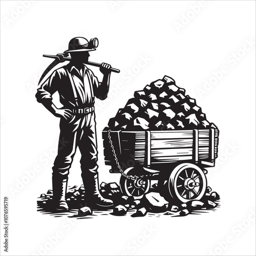 Female Coal Miner with Cart: Strength and Industry. A strong female coal miner stands proudly beside her cart filled with freshly mined coal, showcasing the resilience and hard work in the mining.