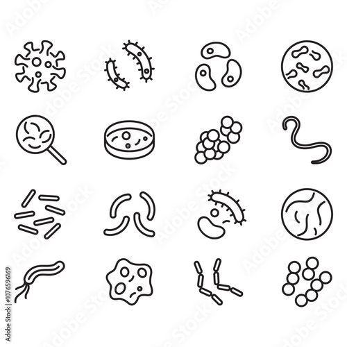 Collection of bacteria and germs icons. Thin line vector.