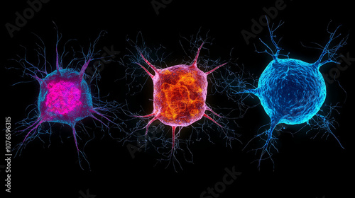 Immune cells depicted in vibrant colors, showcasing innate lymphoid cells and NK cell lineage. intricate details highlight their unique structures and functions photo