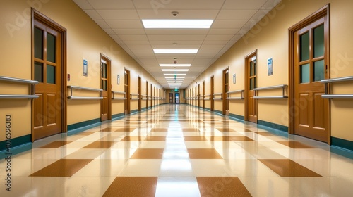 Fototapeta Naklejka Na Ścianę i Meble -  Softly Lit Hallway in Police Station Featuring Warm Tones and Illuminated Ceiling Tiles, Showcasing the Calm Atmosphere of a Standard Facility Interior