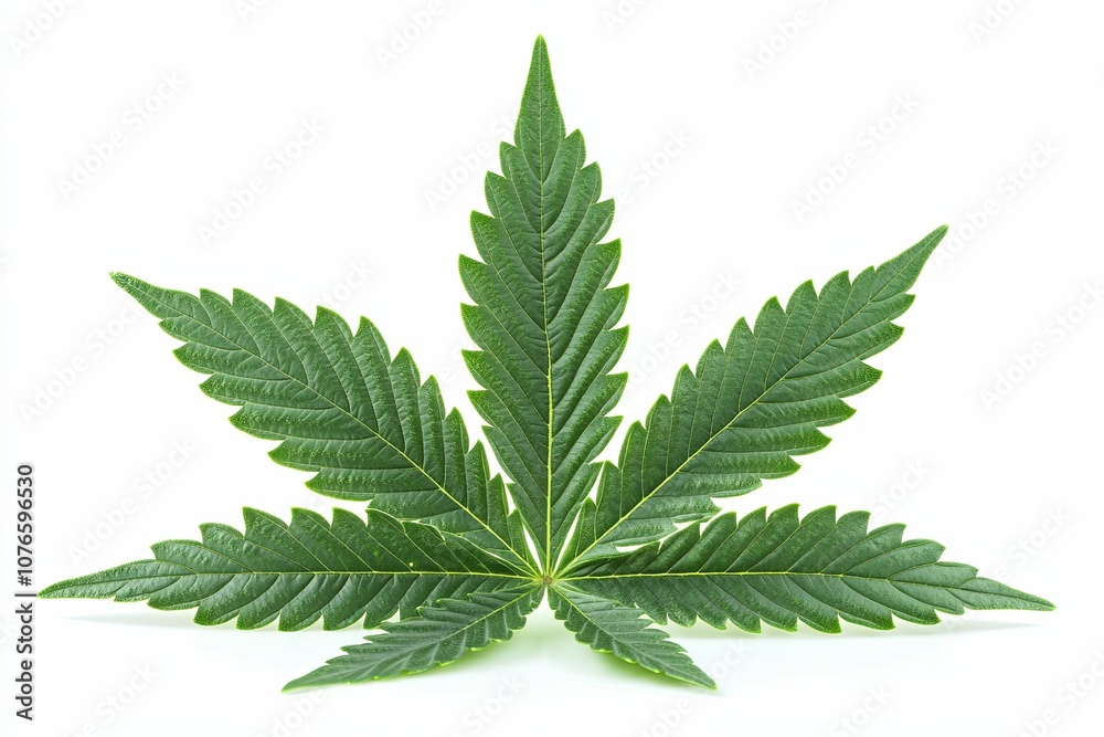A Single Green Cannabis Leaf Isolated on a White Background A Single Green Cannabis Leaf Isolated on a White Background