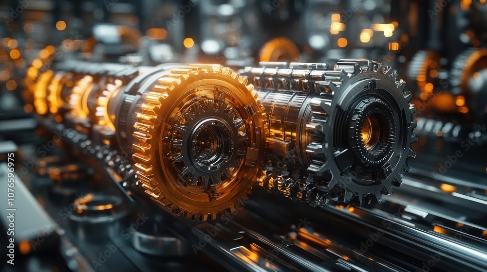 Close-up of intricate industrial gears with glowing accents. Close-up of intricate industrial gears with glowing accents.