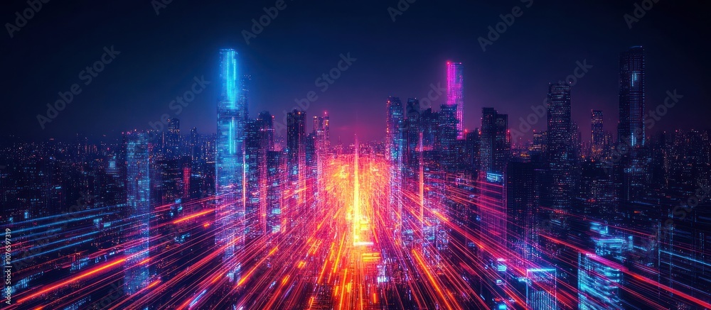Futuristic city skyline with glowing neon lights and streaks of light representing data flow and connectivity.