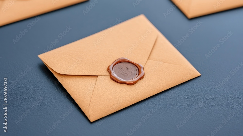 Elegant brown envelopes sealed with wax on a blue background, perfect for invitations or correspondence. Elegant brown envelopes sealed with wax on a blue background, perfect for invitations or correspondence.