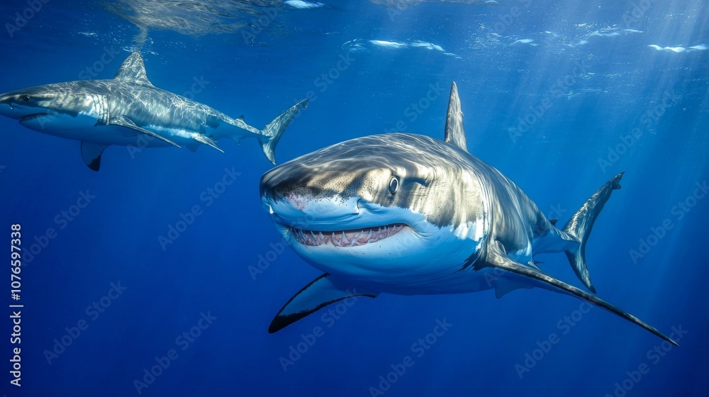 Fototapeta premium Sharks circling in the deep blue sea with sunlight filtering through