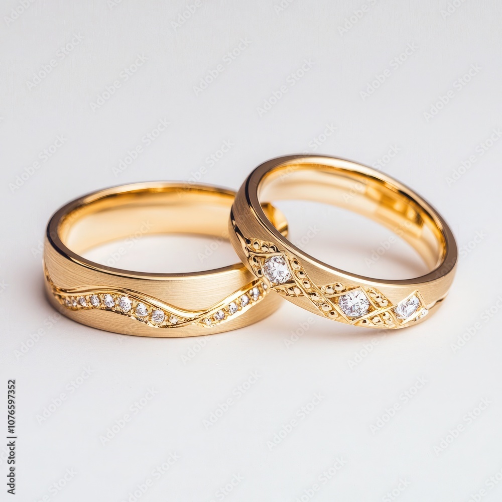 Elegant gold wedding rings with intricate designs and sparkling gems, symbolizing love and commitment. Elegant gold wedding rings with intricate designs and sparkling gems, symbolizing love and commitment.