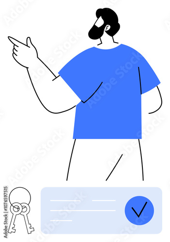 Man pointing while standing, two keys, a document with lines and a check mark. Ideal for decision-making, security, leadership, directions, organization checklists goal setting. Line metaphor