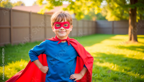  Smiling boy in superhero costume posing outdoors.  Cute kid in a superhero costume
