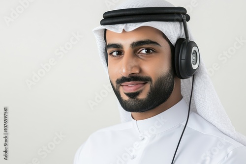 Young Arab Man Wearing Traditional Headscarf and Headphones