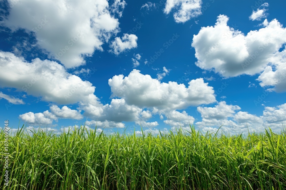 Lush Green Grass Field Under a Blue Sky with Fluffy Clouds Lush Green Grass Field Under a Blue Sky with Fluffy Clouds