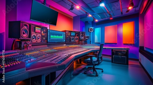 Modern Radio Control Room with Advanced Sound Mixing Equipment and Large Display Monitors, Offering a Vibrant Atmosphere for Audio Production and Broadcasting