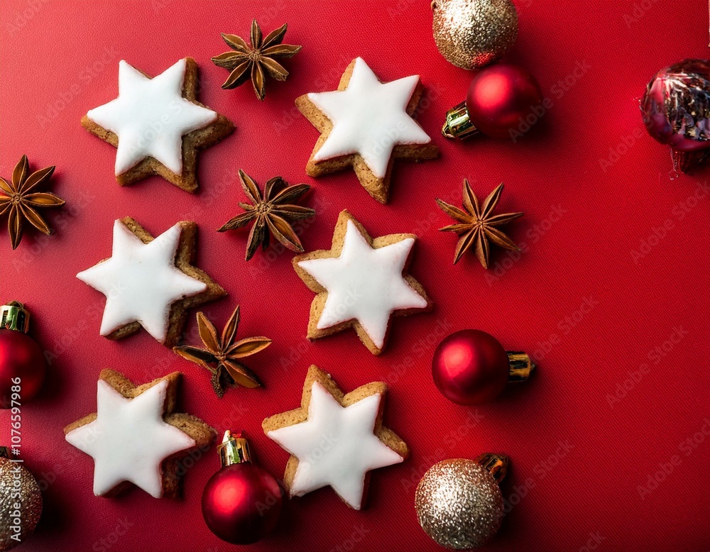 Cinnamom star shaped cookies on red background.with spices and Christmas decorations. Swiss Zimtsterne Cinnamom star shaped cookies on red background.with spices and Christmas decorations. Swiss Zimtsterne