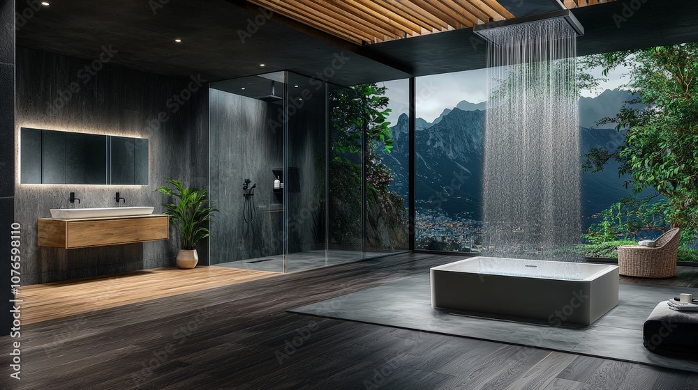 Fototapeta premium Modern Bathroom with Adjustable Shower Head, Rainfall Water Spray and Stunning Mountain View, Featuring Clean Lines and Sleek Designs