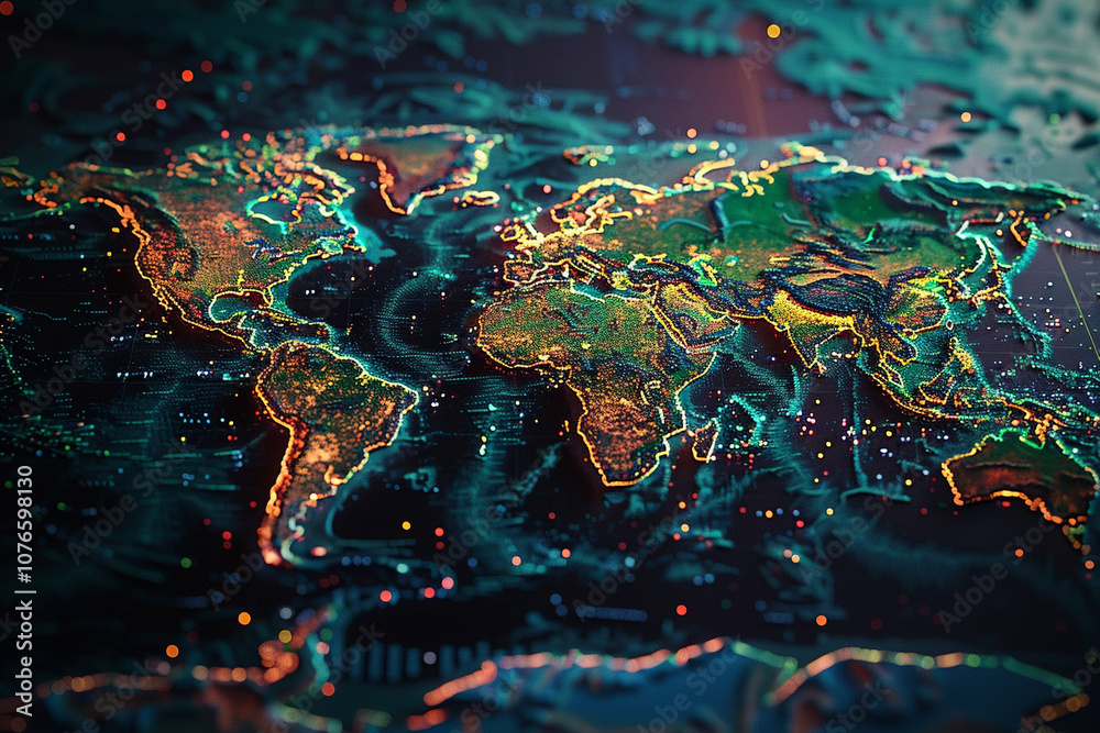Naklejka premium High-Tech 3D World Map with Trade Routes & Finance Flow