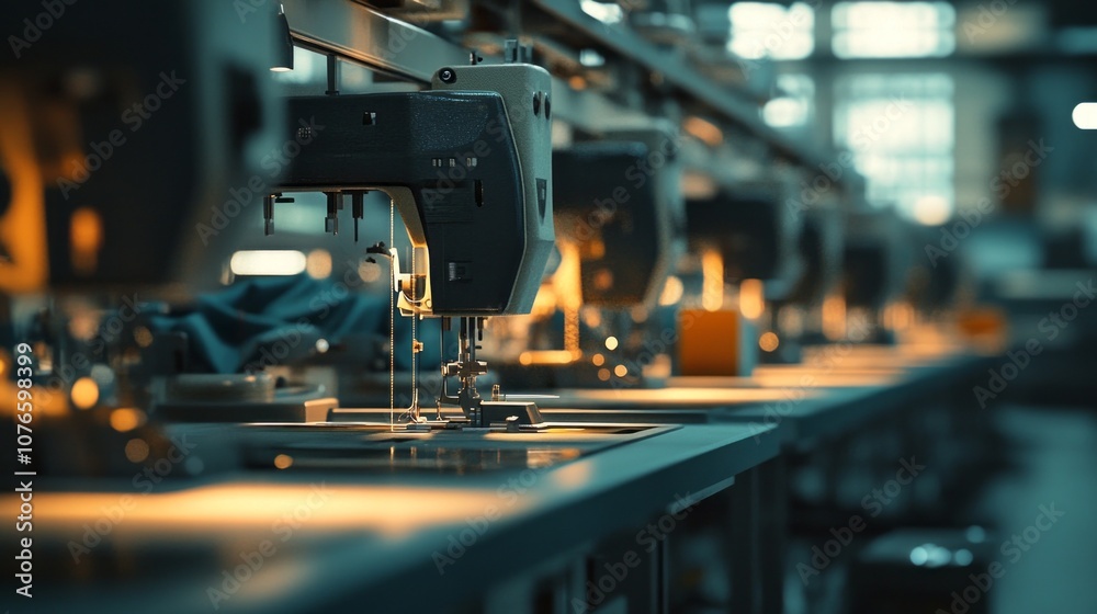 A sewing machine is in a factory with other sewing machines A sewing machine is in a factory with other sewing machines