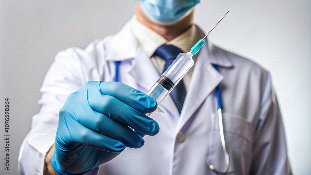 A healthcare professional in a mask and gloves holds a syringe, vaccination and medical care. A healthcare professional in a mask and gloves holds a syringe, vaccination and medical care.