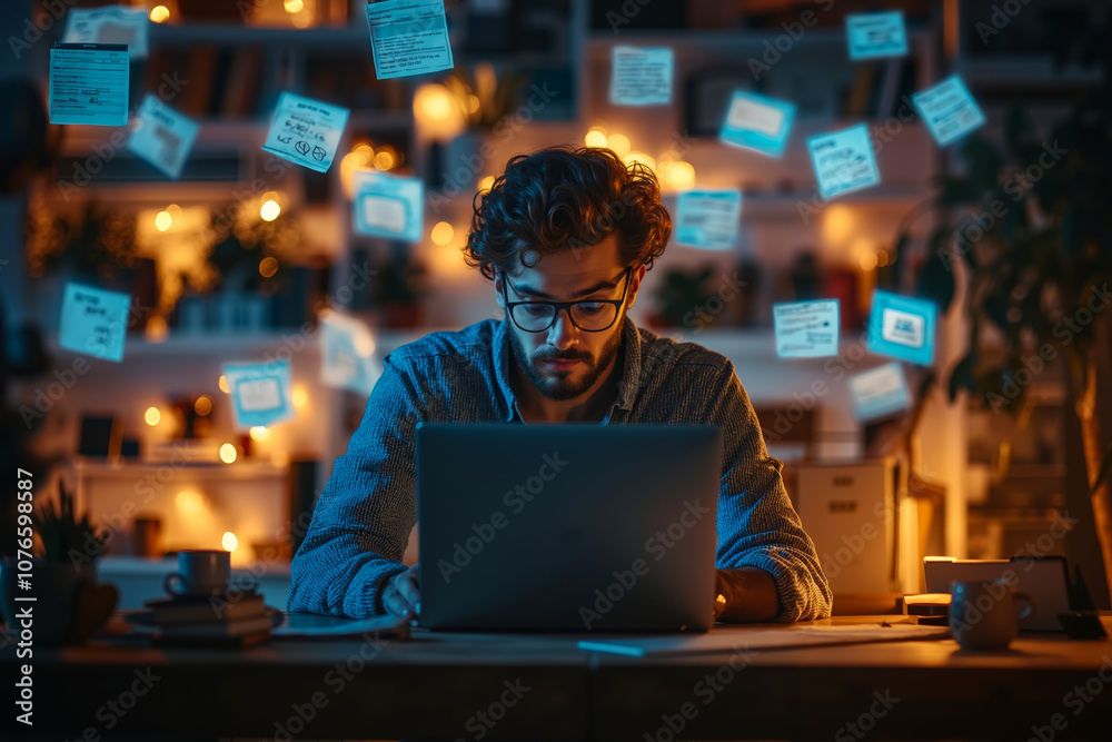 A man sitting at a desk with a laptop computer in front of him A man sitting at a desk with a laptop computer in front of him