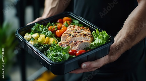 Man Holding a Plastic Black Container Box with Heal

 photo