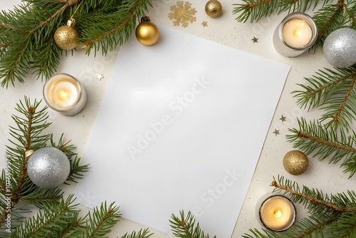 New Year's layout. A clean white sheet of paper surrounded by fir branches and festive balls made of gold and silver and candles. The atmosphere of New Year and Christmas. Place for text for your busi photo