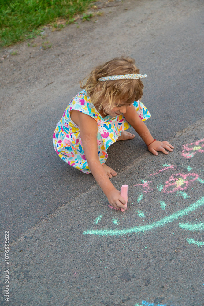 Fototapeta premium Children draw with chalk on the asphalt. Selective focus.
