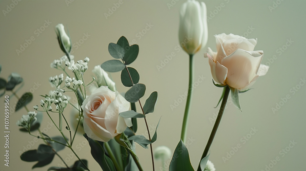 Bouquet of Soft Pink Roses and Eucalyptus in Gentle Light Bouquet of Soft Pink Roses and Eucalyptus in Gentle Light