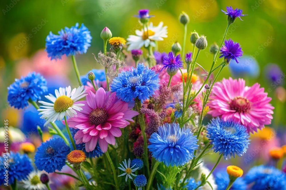 Fototapeta premium Vibrant Wildflower Bouquet with Blue Cornflower, Forget Me Not, and Pink Flowers Against a Soft Background Highlighting the Beauty of Nature and Floral Arrangements