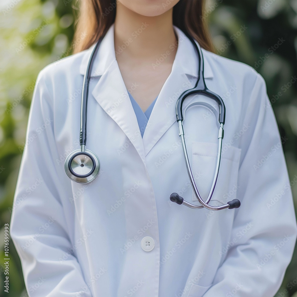 A female doctor wearing a white coat and stethoscope stands with her arms crossed in a hospital setting A female doctor wearing a white coat and stethoscope stands with her arms crossed in a hospital setting