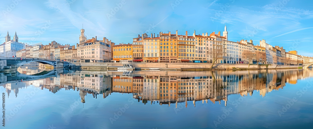 Naklejka premium Panoramic view of the city center and river with its historic buildings in Lyon