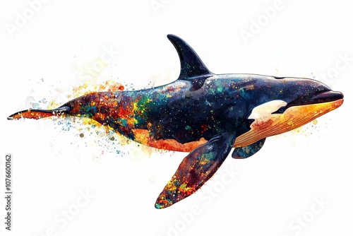 Watercolor Illustration of a Killer Whale Swimming with Colorful Splatter