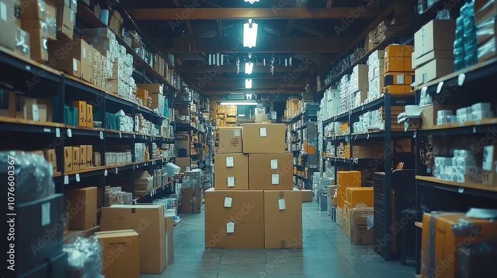 Obraz premium A warehouse aisle with stacked cardboard boxes.