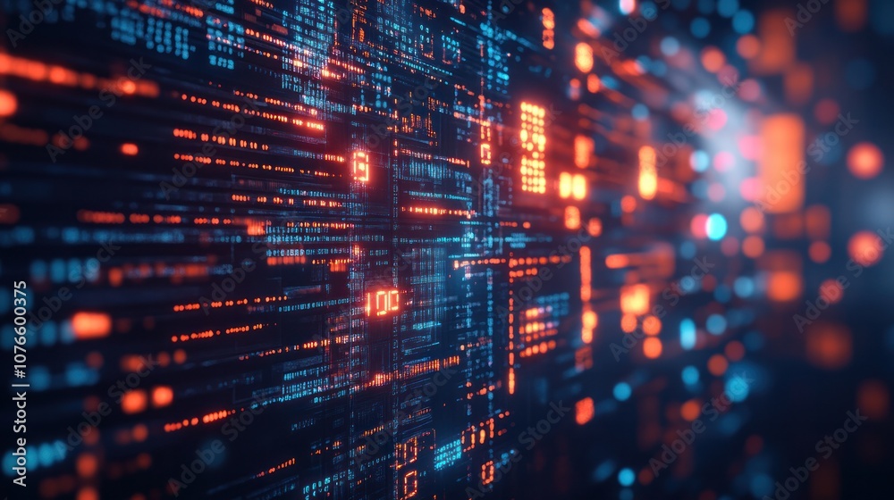 Futuristic code matrix with glowing symbols, binary code, and abstract digital shapes forming a complex Futuristic code matrix with glowing symbols, binary code, and abstract digital shapes forming a complex