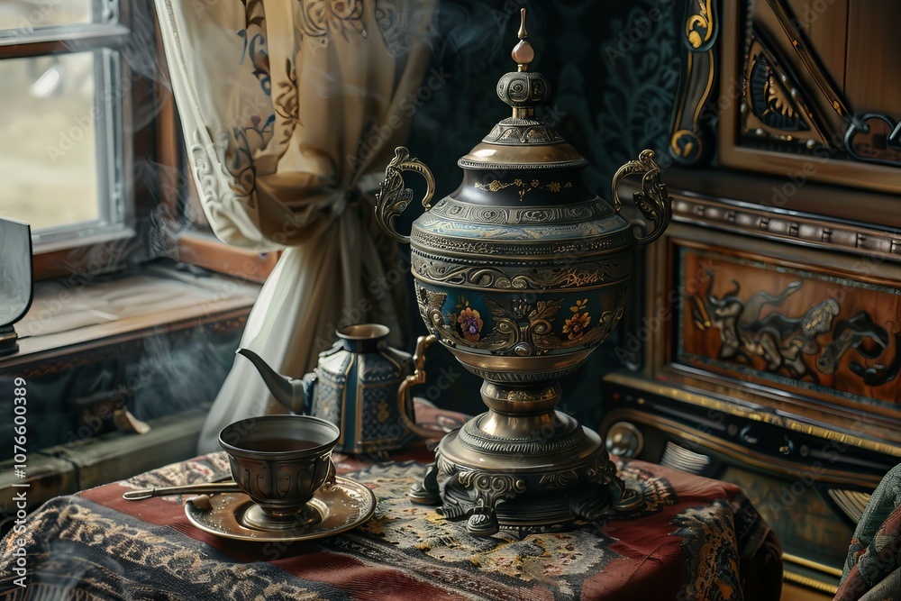 Steaming hot tea brewed in an antique samovar sits on an ornate table near a window with an antique teapot Steaming hot tea brewed in an antique samovar sits on an ornate table near a window with an antique teapot