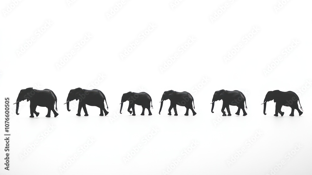 Fototapeta premium elephants in silhouette, walking in a line against a stark white background