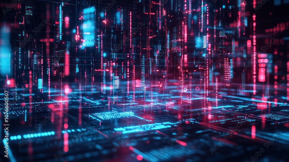 Futuristic code matrix with glowing symbols, binary code, and abstract digital shapes forming a complex Futuristic code matrix with glowing symbols, binary code, and abstract digital shapes forming a complex