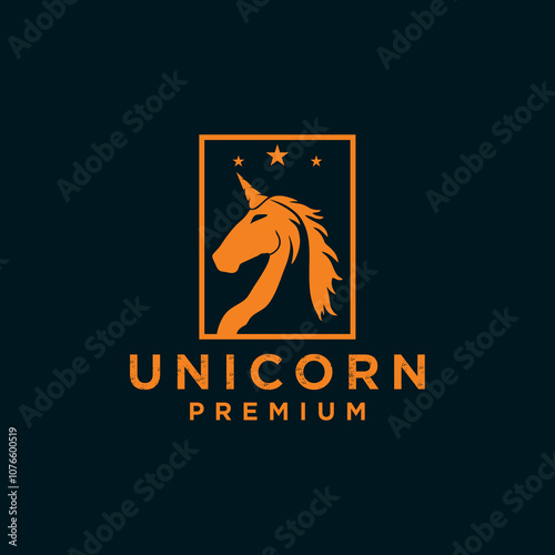 Silhouette of a unicorn head with a pointed rectangular horn that protects it from the outside logo design.