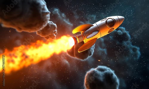 A rocket ship blasts off into the starry night sky with a fiery trail.