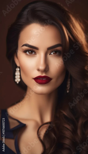 Elegant brunette woman with red lips. 