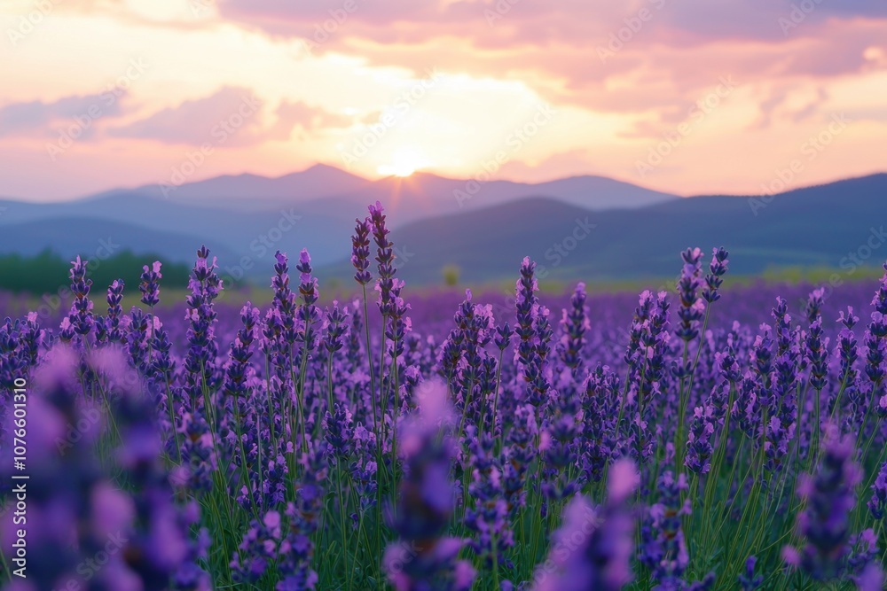 Naklejka premium A serene field of lavender at twilight with vibrant purple hues, a soft breeze, and the silhouettes of distant mountains, capturing a dreamy, fragrant, and tranquil atmosphere.