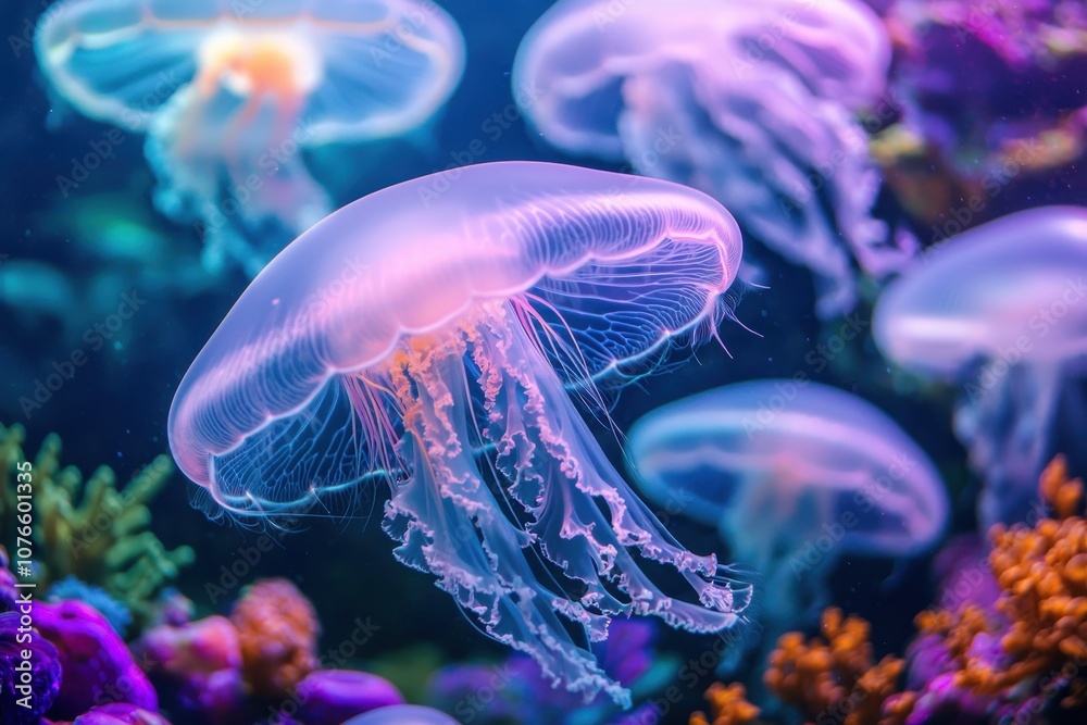 Obraz premium A surreal underwater scene with luminous jellyfish drifting amidst colorful coral reefs and schools of fish, creating an otherworldly, dreamlike aquatic environment.