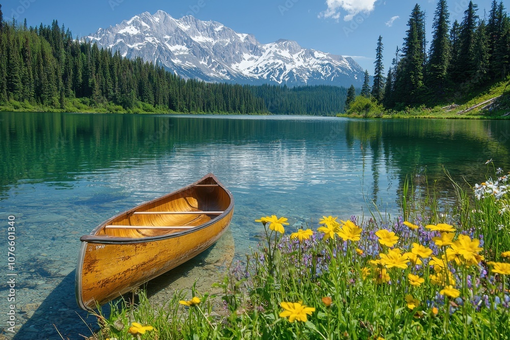 A serene mountain lake with crystal clear water reflecting snow-capped peaks, surrounded by wildflowers and tall pines, with a wooden canoe gently floating, evoking a dream of untouched nature. A serene mountain lake with crystal clear water reflecting snow-capped peaks, surrounded by wildflowers and tall pines, with a wooden canoe gently floating, evoking a dream of untouched nature.