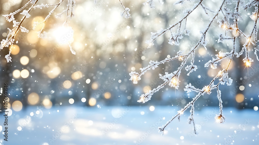 Frosty Tree Branch with Glimmering Snowflakes and Bokeh Lights in a Wintery Landscape