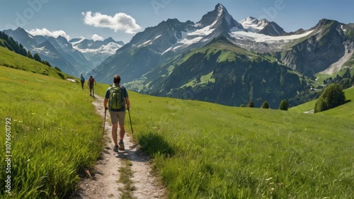 Hikers Walking Along Scenic Mountain Trail with Snow-Capped Peaks in Background 