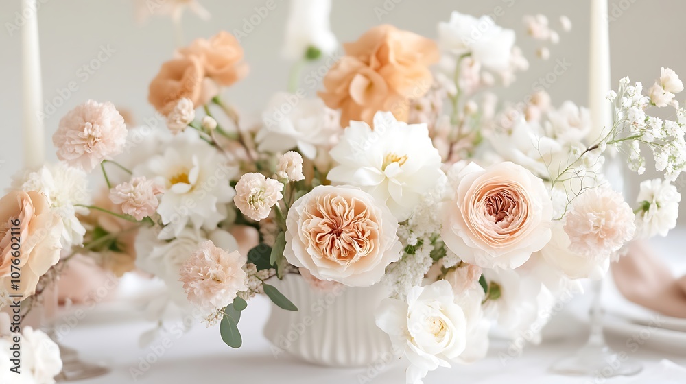 A Delicate Bouquet of Blush and White Flowers in a White Vase A Delicate Bouquet of Blush and White Flowers in a White Vase