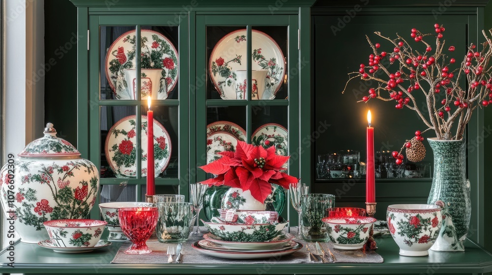Elegant Holiday Table Setting with Beautiful Red Poinsettia, Fine Dishware, Candlelight, and Decorative Accents in a Warm, Inviting Atmosphere