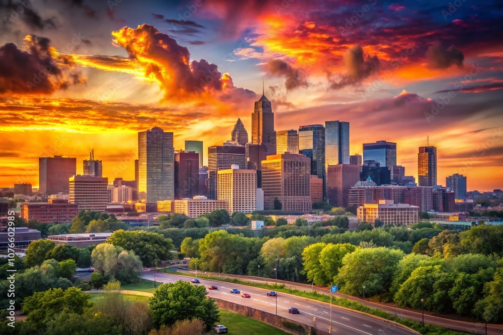 Fototapeta premium Vintage Style Photography of a Breathtaking Sunset Over Minneapolis Skyline, Capturing Warm Hues and Nostalgic Vibes in a Timeless Scene Reflecting Urban Beauty