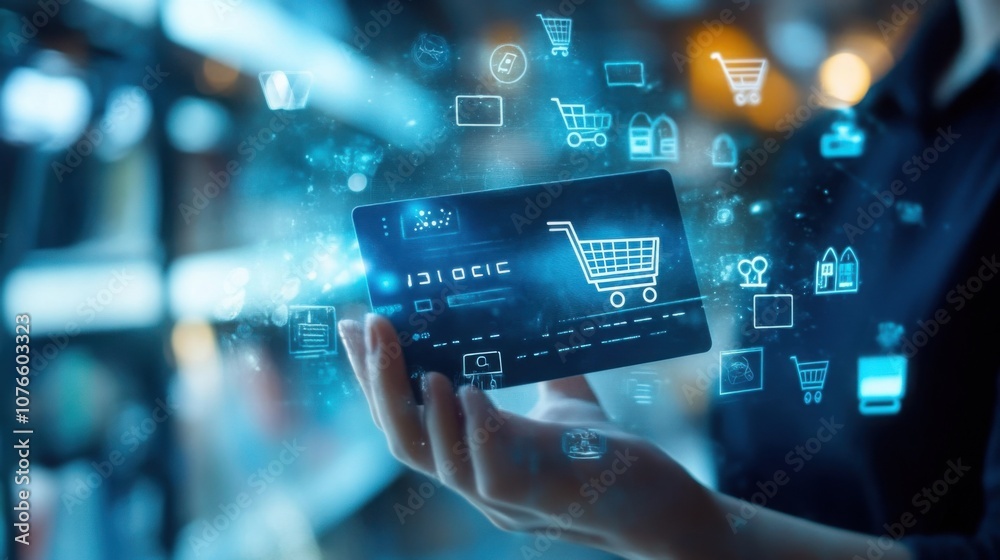 hand holding a virtual card, surrounded by elements of online shopping